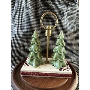 Grassland Roads Christmas Tree Salt & Pepper Shaker’s W/stand Ceramic Holiday
